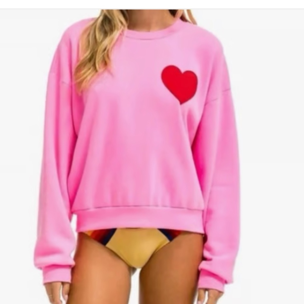 NEVER WORN AVIATOR NATION NEON PINK HEART STITCH SIZE SMALL CREW SWEATSHIRT